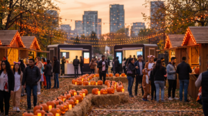 Halloween event marketing brand activation at an outdoor autumn festival in Canada with a diverse crowd browsing branded pop-up booths at dusk