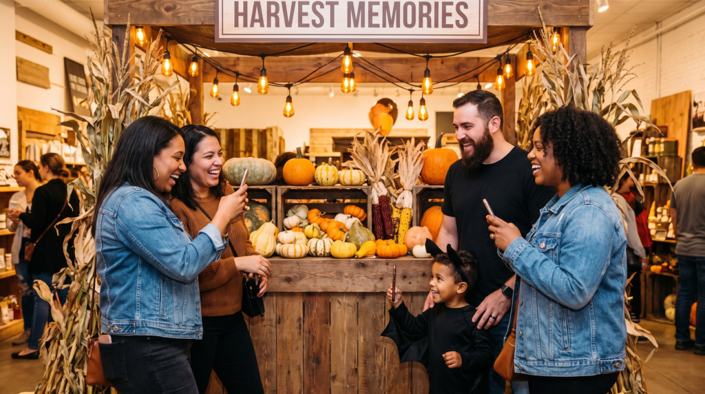 Halloween event marketing interactive pop-up experience in Canada with families enjoying a branded autumn photo moment