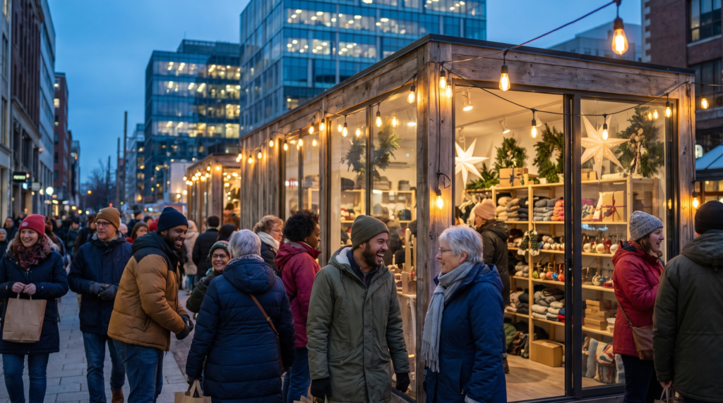 Festive holiday pop-up shop in Canada with a diverse group of distinct shoppers browsing under warm evening lights