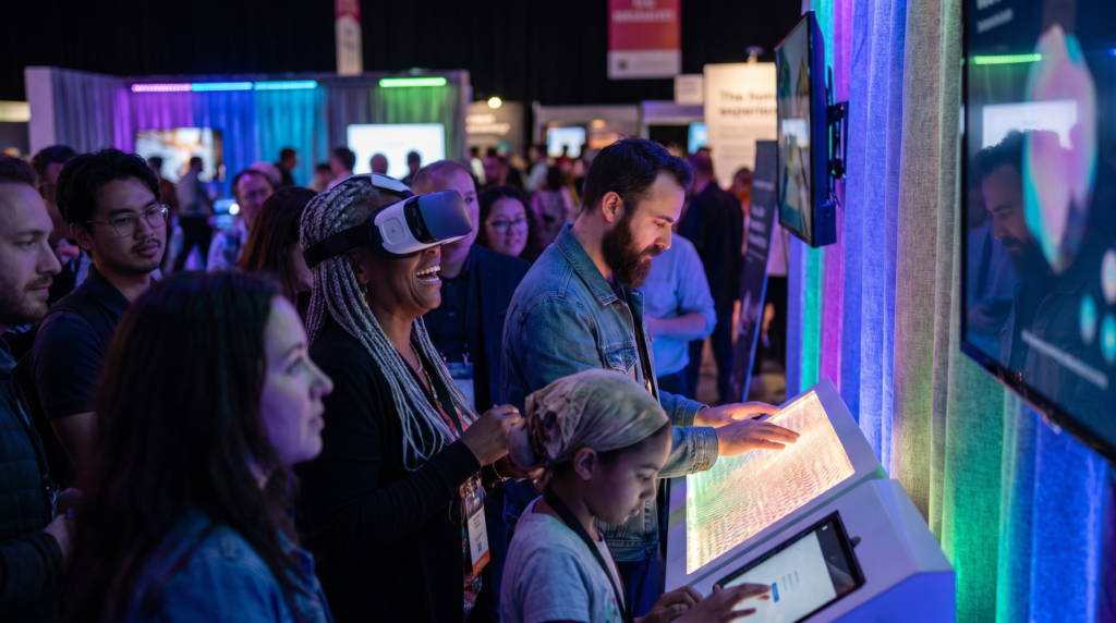 Immersive experiential marketing brand experience zone with a diverse crowd trying an interactive product demo in Canada