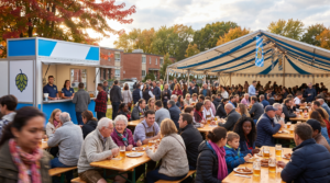 Oktoberfest brand activation in Canada with a multicultural crowd at festival beer-hall tables in Ontario