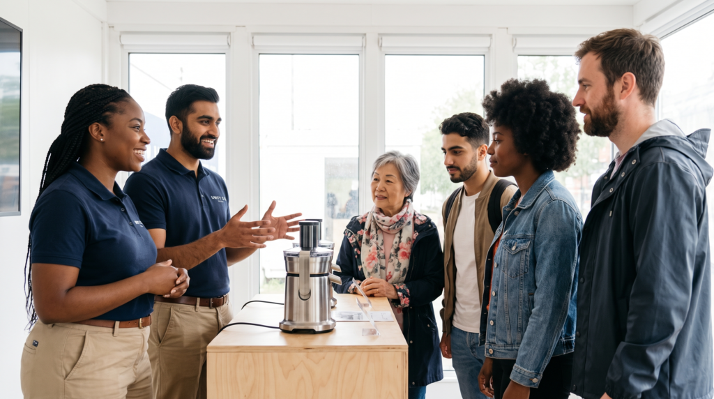 Pop-up shop brand ambassadors demonstrating a product to a diverse group of shoppers at the counter in Canada