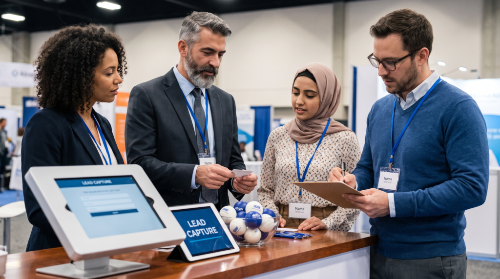 Trade show lead capture and networking at a Canadian expo booth with a multicultural group of professionals